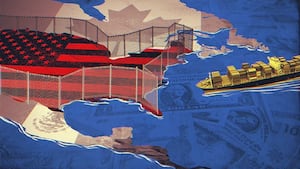 An illustration of the U.S. enclosed by fences, symbolizing trade barriers.