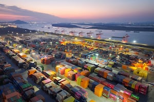 Containers are seen at the port in Nanjing, in China's eastern Jiangsu province on Feb. 5, 2025.