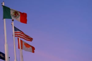 The flags of Mexico, the United States and Canada fly in Ciudad Juarez, Mexico Feb. 1, 2025.