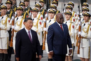 Democratic Republic of Congo's President Felix Tshisekedi (R) and China's President Xi Jinping attend a welcoming ceremony at the Great Hall of the People in Beijing on May 26, 2023.