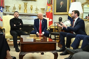 U.S. President Donald Trump and Ukraine's President Volodymyr Zelenskyy listen to Vice President JD Vance (R) as they meet in the Oval Office of the White House in Washington, D.C., Feb. 28, 2025.