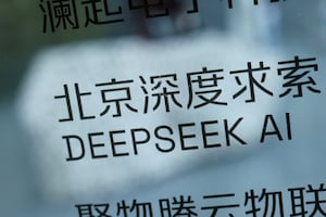 A DeepSeek AI sign is seen at a building where the Chinese start-up's office is located in Beijing, China, Feb. 19, 2025.