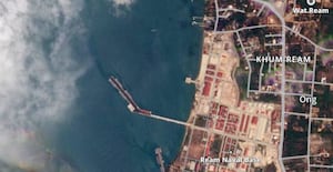 What are believed to be two new Chinese vessels on the left of the pier, on Feb. 17, 2025, where two other corvettes, on the right of the pier,  have been since last year.