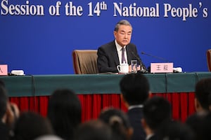 China's Foreign Minister Wang Yi speaks at a press conference during the ongoing National People's Congress (NPC) in Beijing on March 7, 2025.