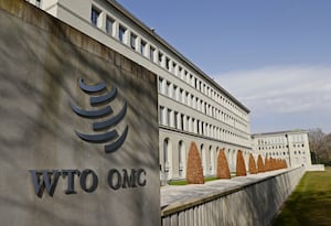 A logo is pictured on the World Trade Organization headquarters (WTO) in Geneva, Switzerland, March 4, 2021.