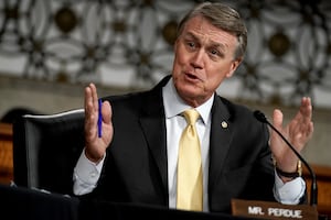 Senator David Perdue (R-GA) asks questions during the Senate Armed Services Committee hearing on the Department of Defense Spectrum Policy and the Impact of the Federal Communications Commission's Ligado Decision on National Security on Capitol Hill in Washington, D.C. in May, 2020.